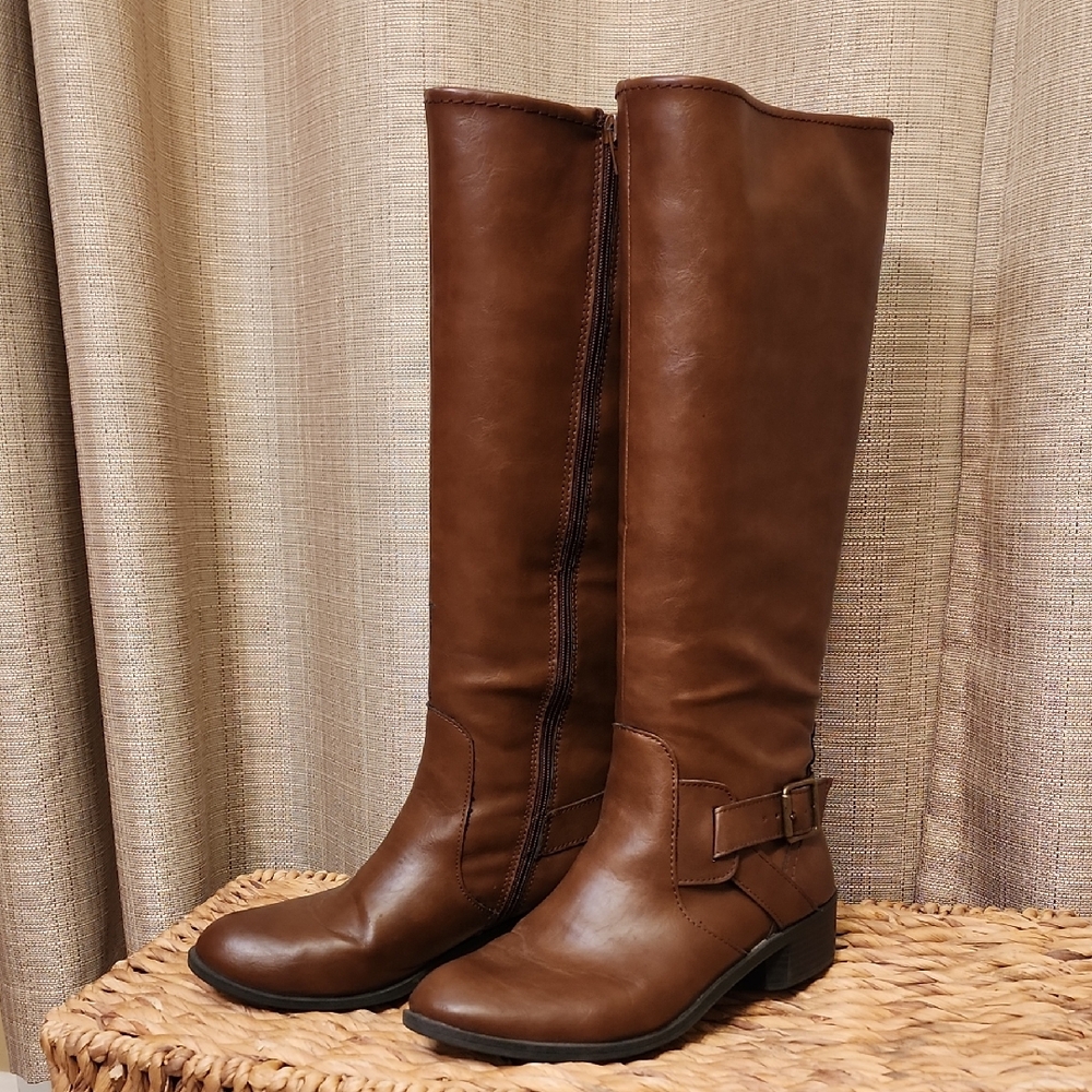 Brown Faux Leather Knee-High Boots